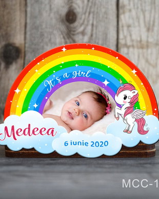 Marturii botez personalizate - magneti curcubeu cu unicorn