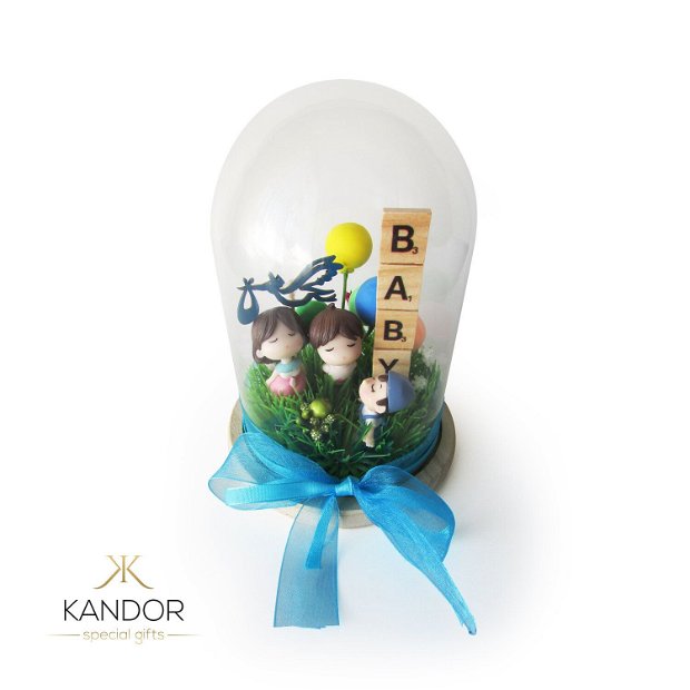 Cupola din sticla cu miniaturi pentru nou nascut, Kandor Special Gifts, Handmade, 15X10 cm