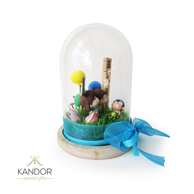 Cupola din sticla cu miniaturi pentru nou nascut, Kandor Special Gifts, Handmade, 15X10 cm