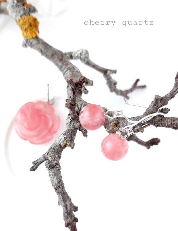 Set cercei și pandantiv trandafir din cherry quartz