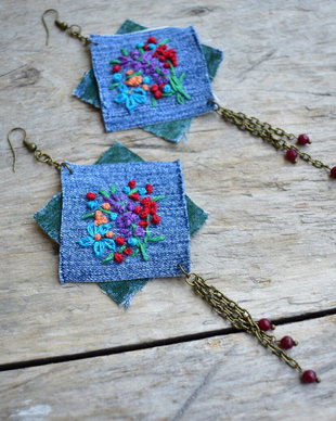 Cercei statement, broderie manuala, bronz - foarte lungi