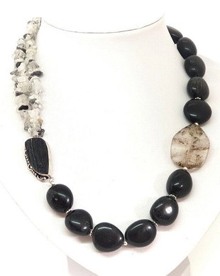 Colier asimetric obsidian,turmalina neagra si cuart turmelinat(rezervat)