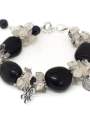 Bratara obsidian si cuart turmelinat