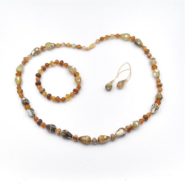 Set de bijuterii  compus din colier, cercei și bratara cu agate naturale și distanțiere de hematit auriu