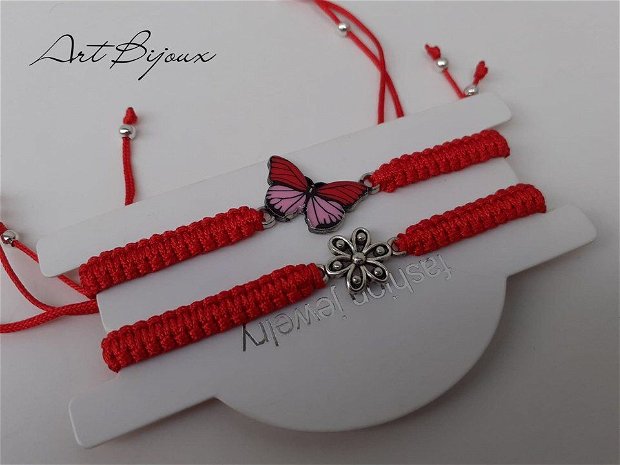 Brățări împletite șnur roșu mătase cu charm Floare și Fluture emailat reglabile
