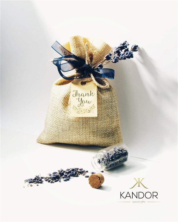 Mărturii nuntă săculeți din iuta cu lavandă uscată, handmade, Kandor Special Gifts