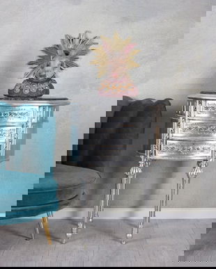 Comoda ovala din lemn masiv argintiu cu blat din marmura neagra