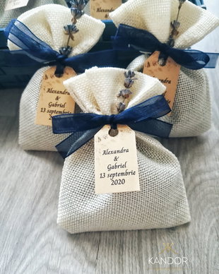 Mărturii nuntă săculeți din iuta cu lavandă uscată, handmade, Kandor Special Gifts