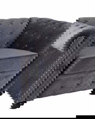 Fotoliu Chesterfield din lemn masiv cu tapiterie gri soarece