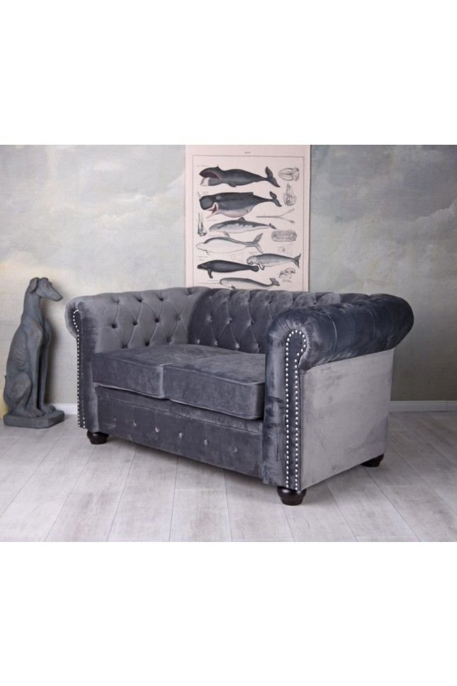 Sofa Chesterfield din lemn masiv cu tapiterie gri soarece