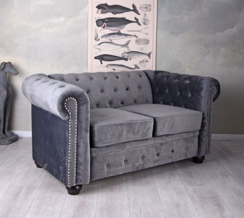 Sofa Chesterfield din lemn masiv cu tapiterie gri soarece