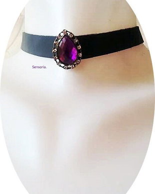 chocker piele cu cristal mov