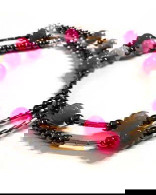 Bratara din Agate roz, Hematit gri metalic si auriu, Argint 925 - BR825 - Bratara agate, bratara roz delicata, bratara hematit, bratara multisir, cadou 8 Martie, cadou Dragobete, cadou Valentine's Day, cadou iubita, cadou prietena