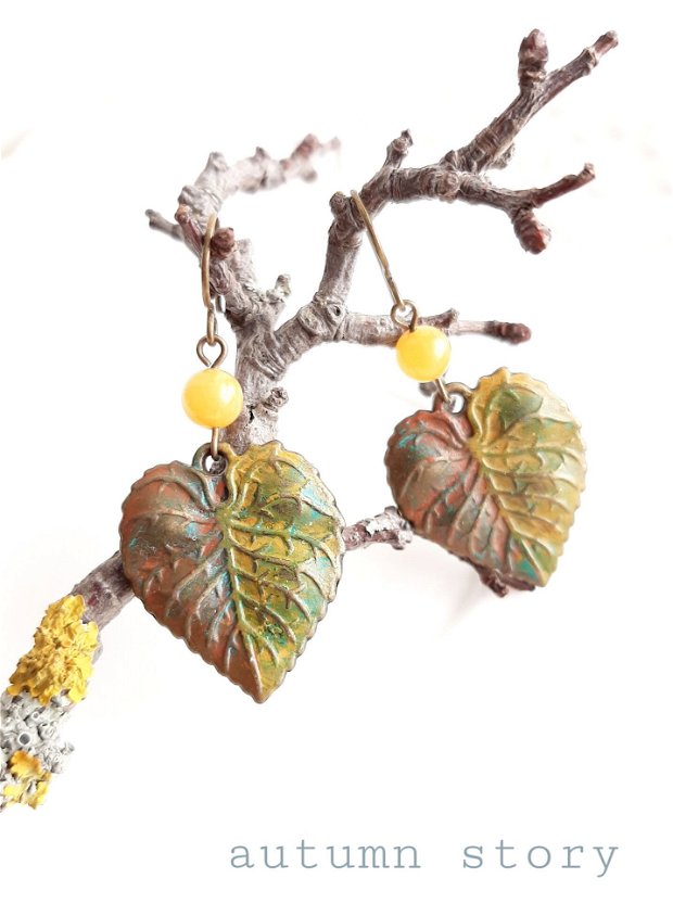Cercei bronz cu frunze și jad galben