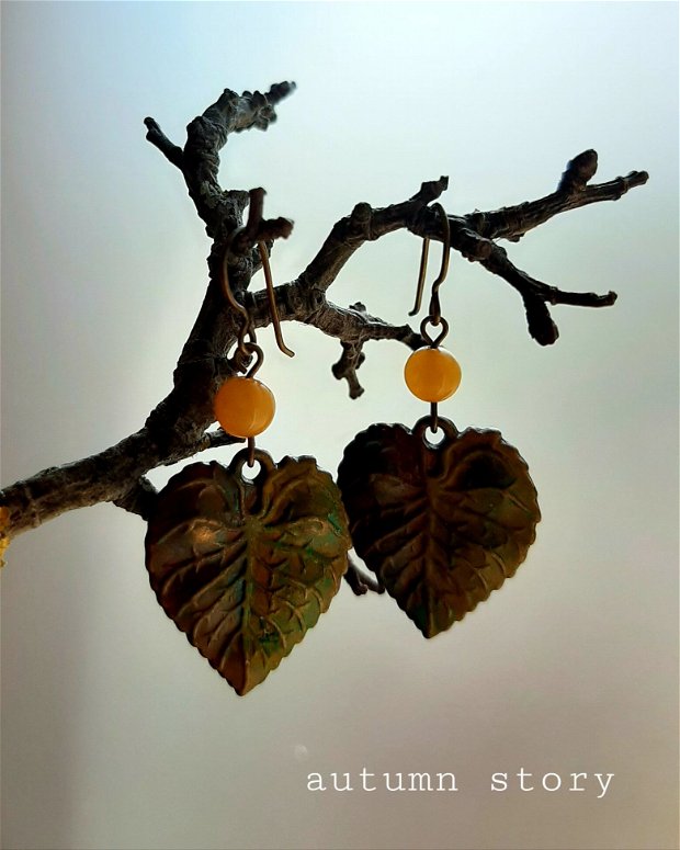 Cercei bronz cu frunze și jad galben