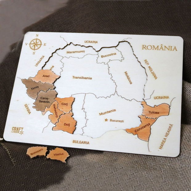 Puzzle Educativ Din Lemn, Gravat, Harta Romaniei Pe Judete