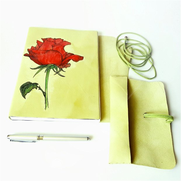 Promoție!!! SET trandafir roșu - piele naturală: jurnal+ penar+ stilou