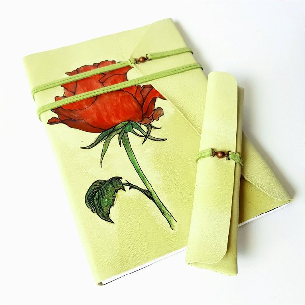 Promoție!!! SET trandafir roșu - piele naturală: jurnal+ penar+ stilou