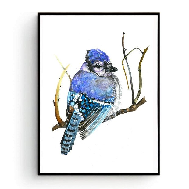 Blue Bird - Pictura Originala in Acuarela, Tablou - Birds Collection