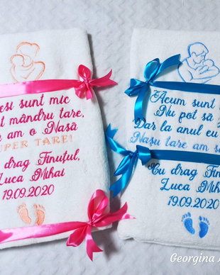 Set 2 prosoape bumbac personalizate , cadou nași sau moși botez/mot