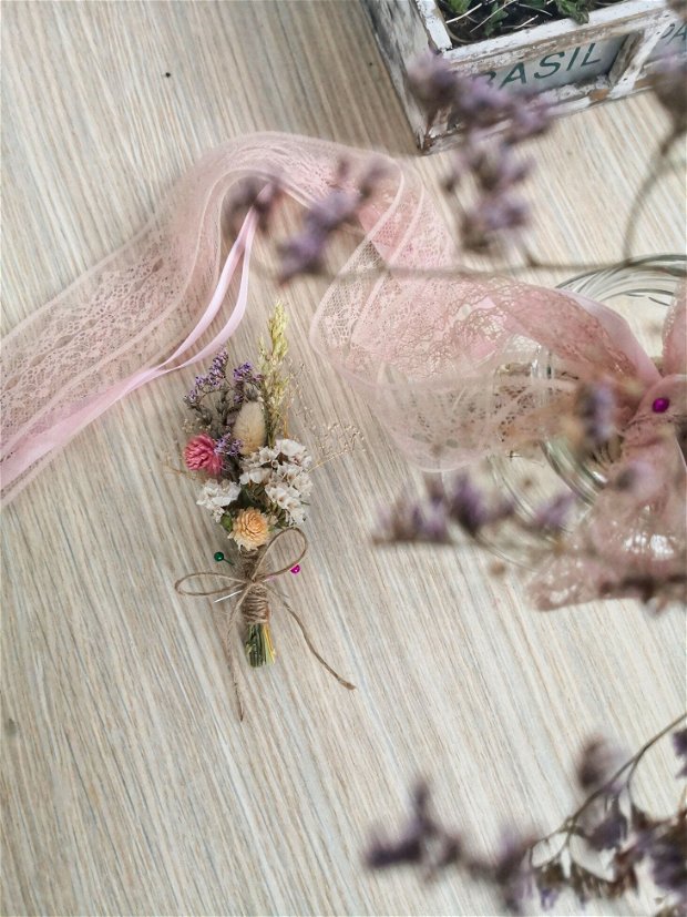 Buchet mireasă din flori naturale uscate "Pink autumn"  + Butoniera CADOU