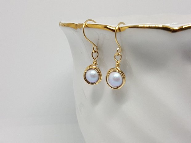 Cercei din aur filat, Cercei cu perle swarovski,Cercei handmade.