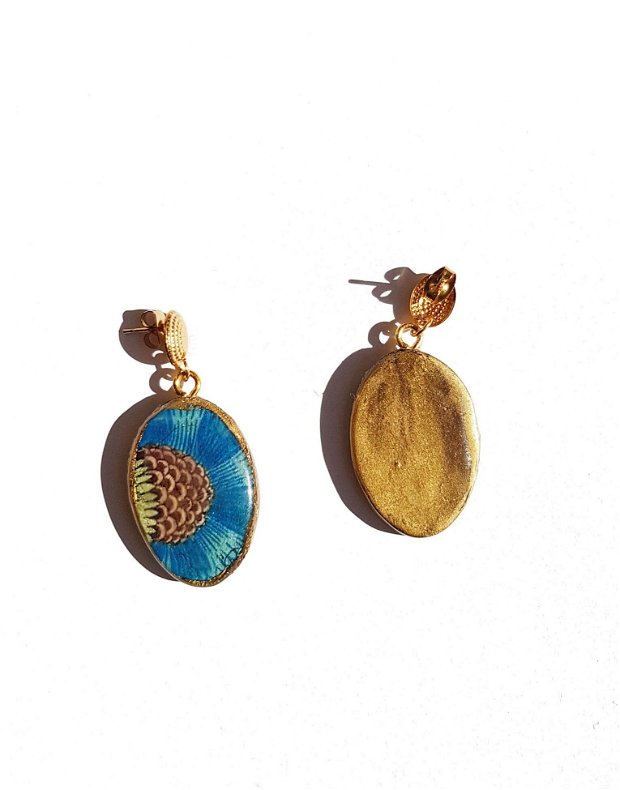 Cercei Art Nouveau "Pinecone" din rasina, Fimo si inox auriu