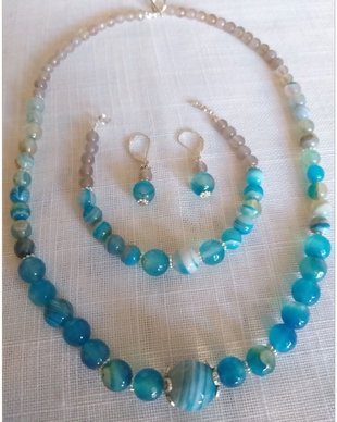 SET- AGATE GRI SI FIRE CRACKLE AGATE BLEU-TURQOISE