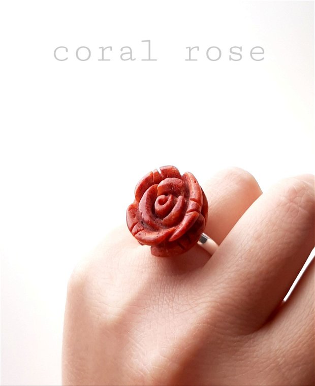 Inel argint cu trandafir din coral poros