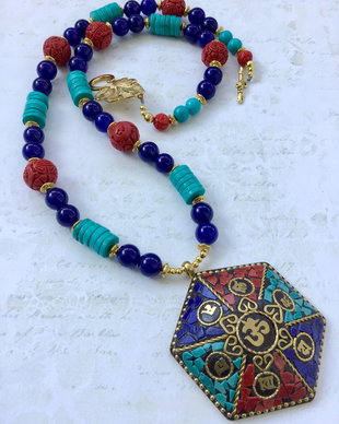 Colier nepalez coral, turcoaz & lapis lazuli