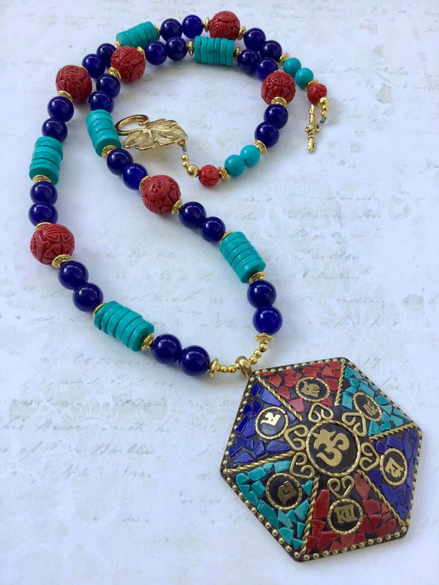 Colier nepalez coral, turcoaz & lapis lazuli