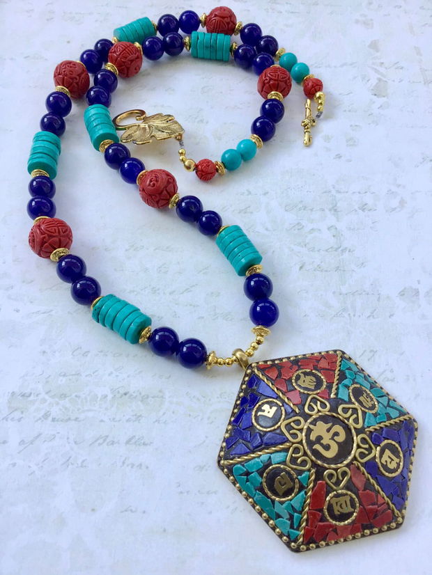 Colier nepalez coral, turcoaz & lapis lazuli