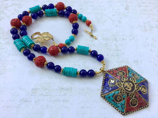 Colier nepalez coral, turcoaz & lapis lazuli