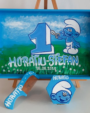 Set tava mot cu Strumf , pictat manual