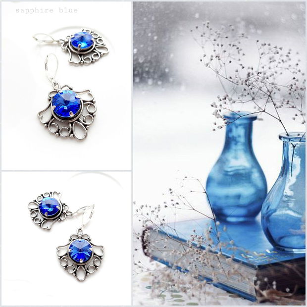 REZERVAT Cercei argintii cu Swarovski Elements Sapphire Blue