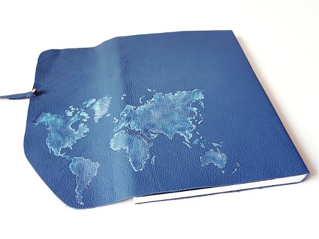 Jurnal (mare) de călătorie cu harta lumii -ALBASTRU- Jurnal de călătorie cu copertă de piele naturală albastră