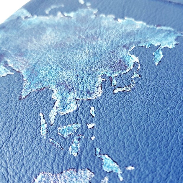 Jurnal (mare) de călătorie cu harta lumii -ALBASTRU- Jurnal de călătorie cu copertă de piele naturală albastră