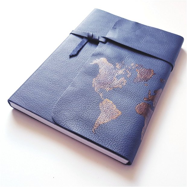 Jurnal (mare) de călătorie cu harta lumii -CUPRU- Jurnal de călătorie cu copertă de piele naturală albastru petrol