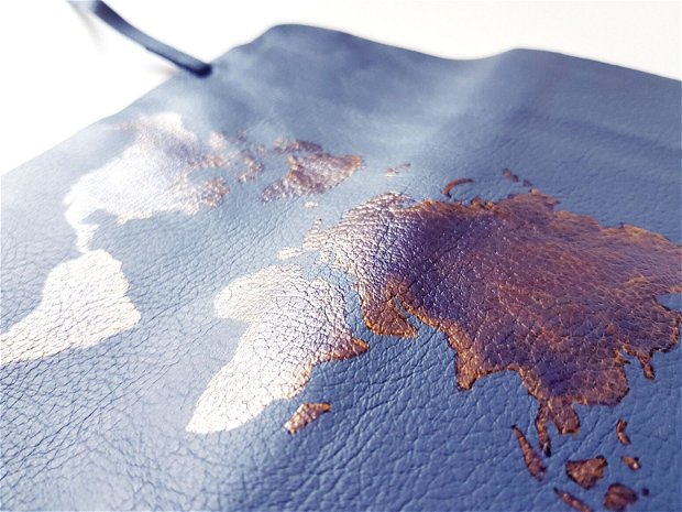 Jurnal (mare) de călătorie cu harta lumii -CUPRU- Jurnal de călătorie cu copertă de piele naturală albastru petrol