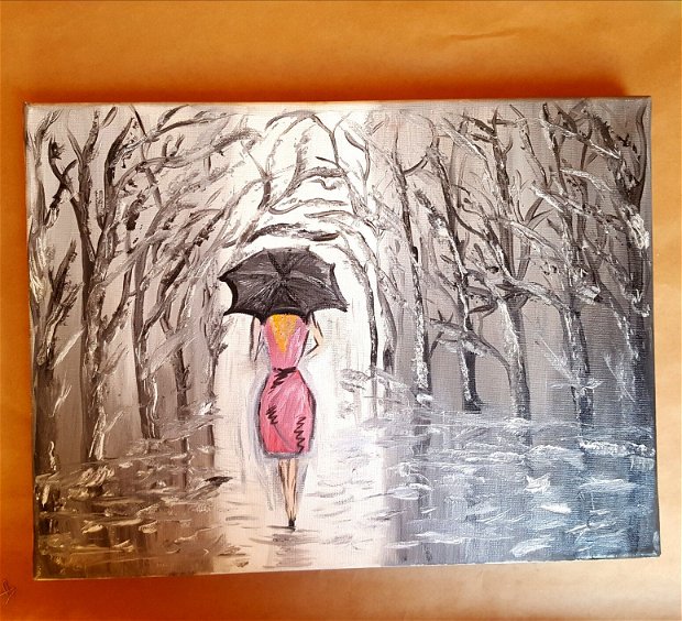 Plimbare prin ploaie pictura pe panza intinsa pe sasiu din lemn