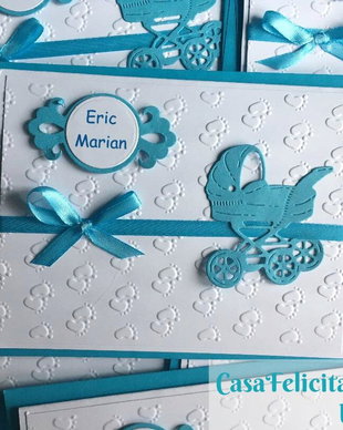 Invitatie botez baietel- decorata cu decupaj carucior