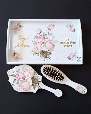 Set gatitul miresei, set vintage mireasa, set perie si oglinda, set tava mireasa, set nunta, set shabby chic, tava mireasa