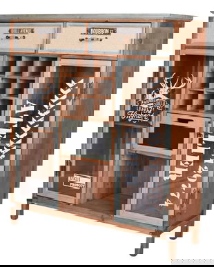 Comoda industriala din lemn masiv maro cu decoratiuni metalice