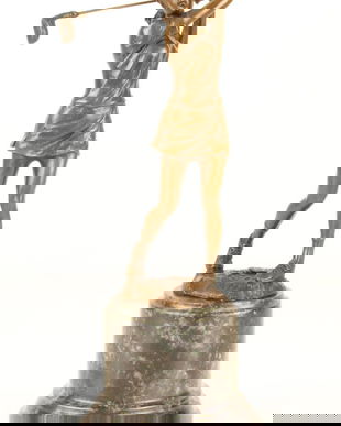 Jucatoare de golf-statueta din bronz pe un soclu din marmura