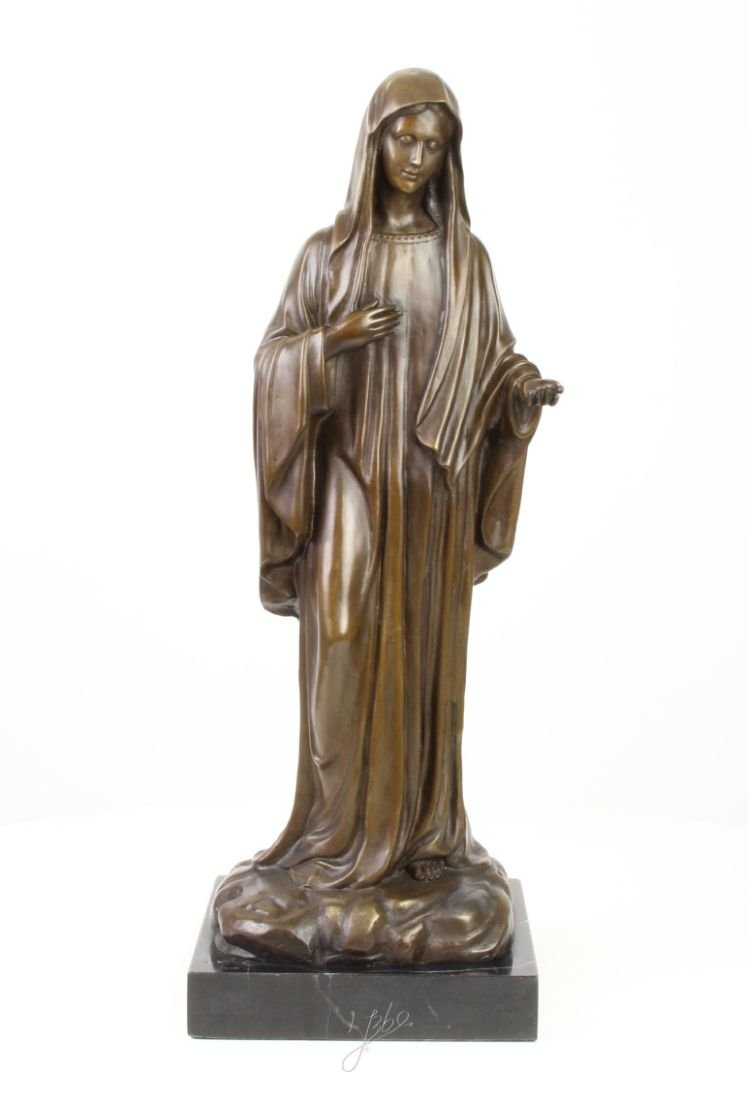 Fecioara Maria-statueta din bronz pe un soclu din marmura