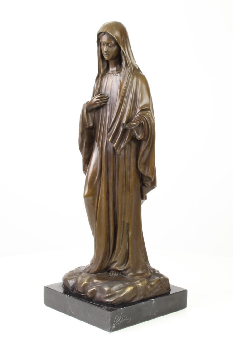Fecioara Maria-statueta din bronz pe un soclu din marmura