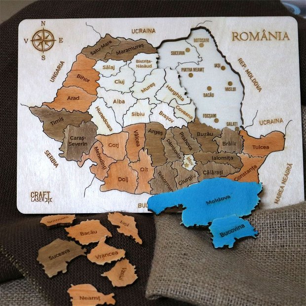 Puzzle Dublu Din Lemn, Gravat, Harta Romaniei Pe Judete Si Regiuni