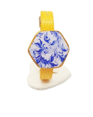 Bratara din piele eco cu slide "Blue Leaves" din Fimo si rasina epoxidica