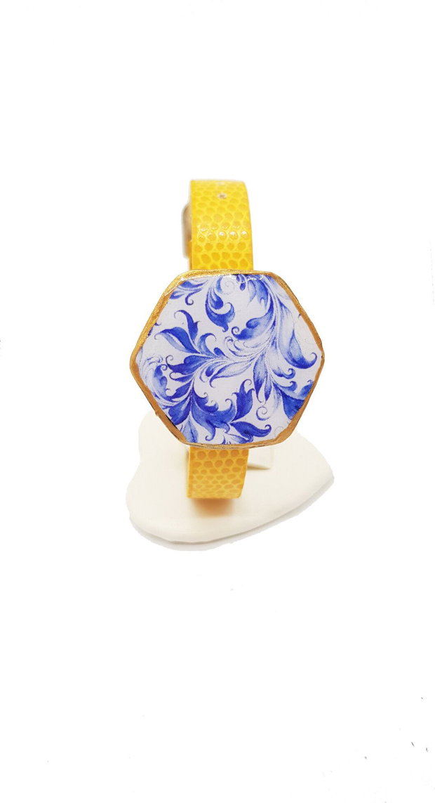 Bratara din piele eco cu slide "Blue Leaves" din Fimo si rasina epoxidica