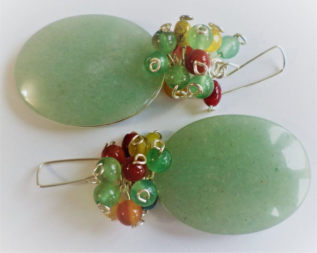 Cercei cu pietre ovale de aventurin,supradimensionate si agate colorate de 4-6mm
